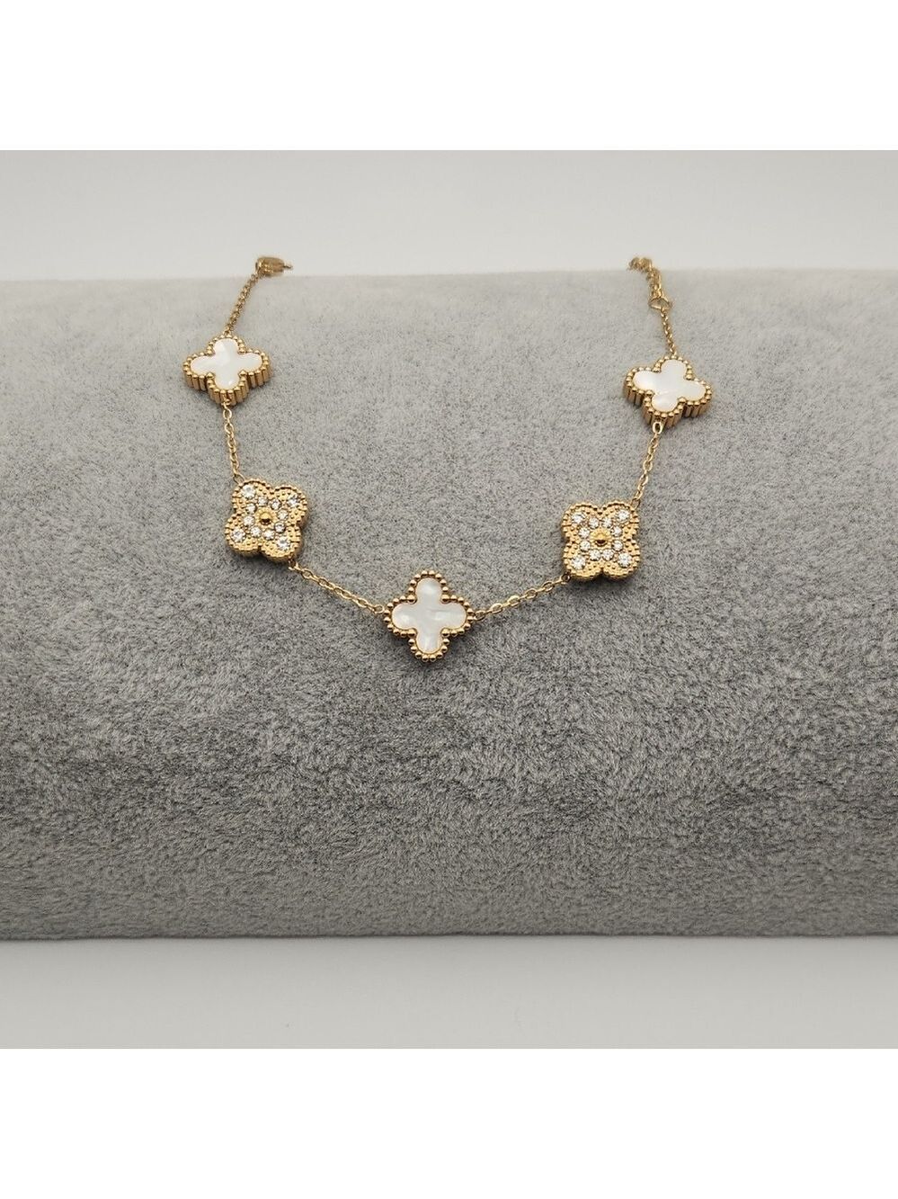 White Clover Charm Bracelet – 18K Gold Plated Stainless Steel, Zircon Details